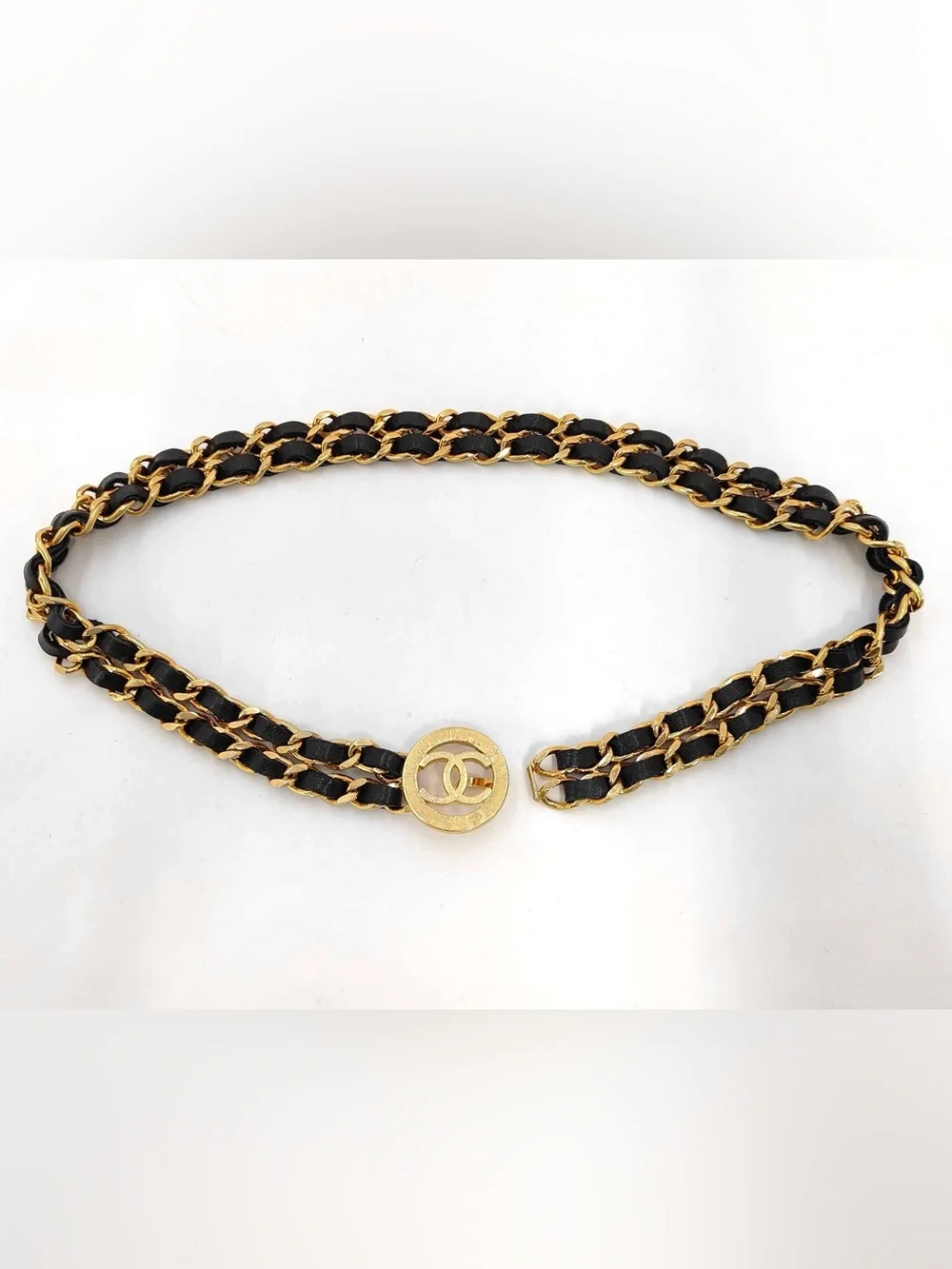 ✨🛍️ Chanel Black Leather Woven Gold-Plated Belt